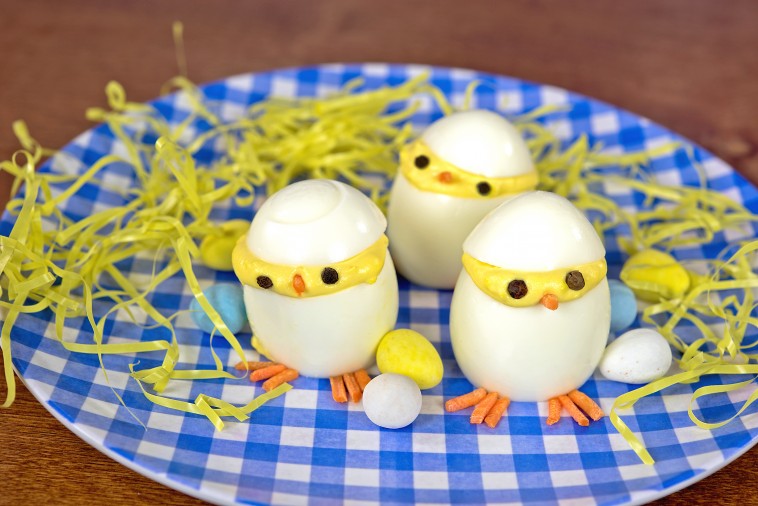 Easter deviled egg chicks with candy eggs
