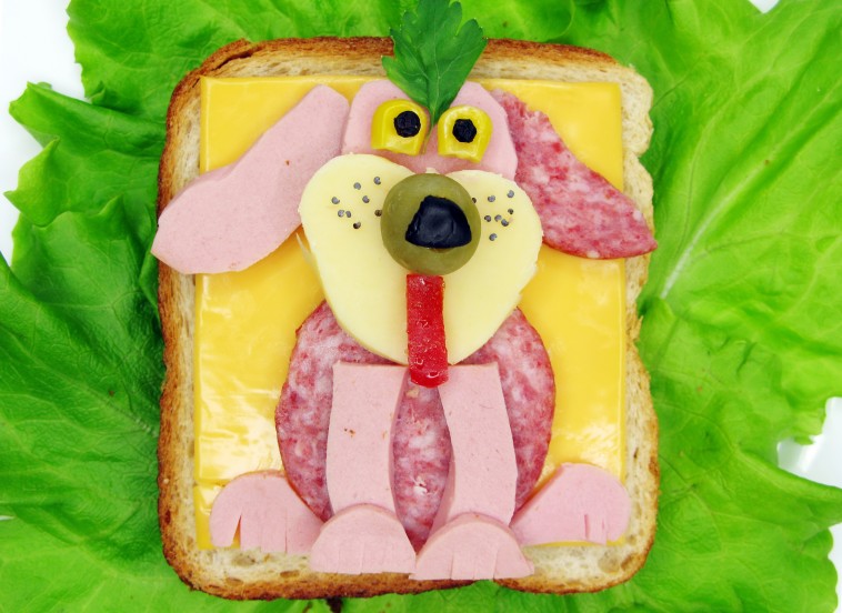 Dog-shaped ham and cheese sandwich