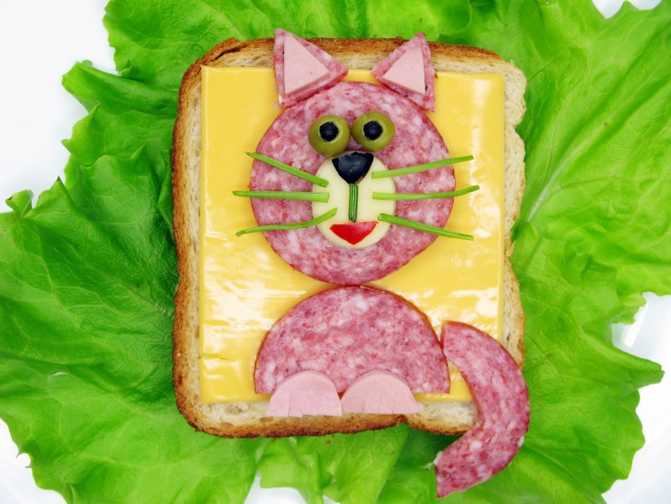 Cat-shaped ham and cheese